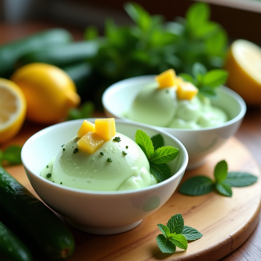 Helado de pepino y menta con trozos de limón confitado: Postre refrescante sin azúcar