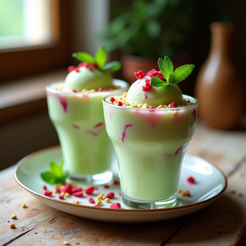 Helado de pepino y mentira con syrup de rosa servido en copas de cristal transparente, decorado con pétalos de rosa comestible y pistachos picados, con vetas rosadas visibles y un fondo borroso de texturas árabes.