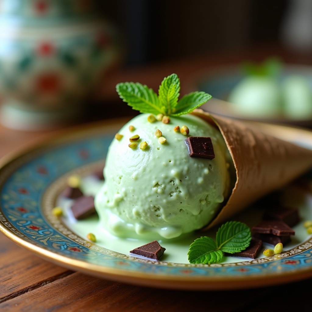 Cucurucho de barquillo keto relleno de helado verde pálido de pepino y mentolado, coronado con virutas de chocolate 100% cacao y trocitos de pepino fresco. Fondo blanco con hojas de menta y almendras fileteadas esparcidas.