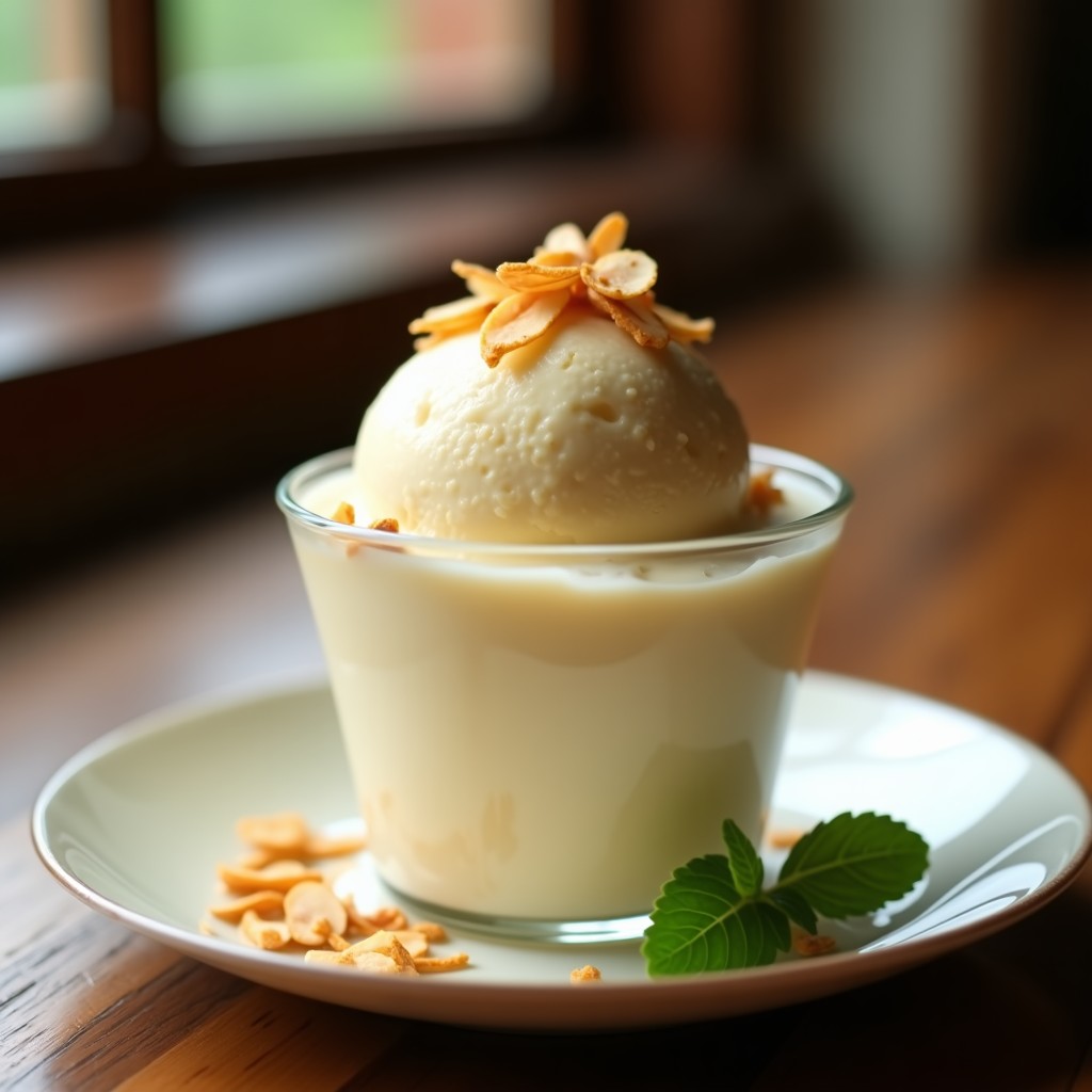 Copa de cristal con helado de pera y jengibre sin lácteos, decorado con almendras fileteadas y virutas de jengibre fresco. Textura cremosa y color beige claro con trozos de pera visible. Fondo de madera rústica con hoja de menta.
