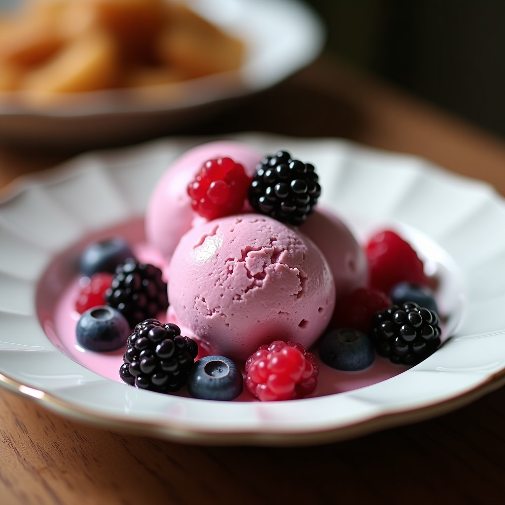 Helado cremoso de color morado intenso servido en un cuenco de vidrio, decorado con frutos del bosque frescos y semillas de chía. Postre nootrópico sin azúcar con phenylpiracetam para mejorar la concentración.