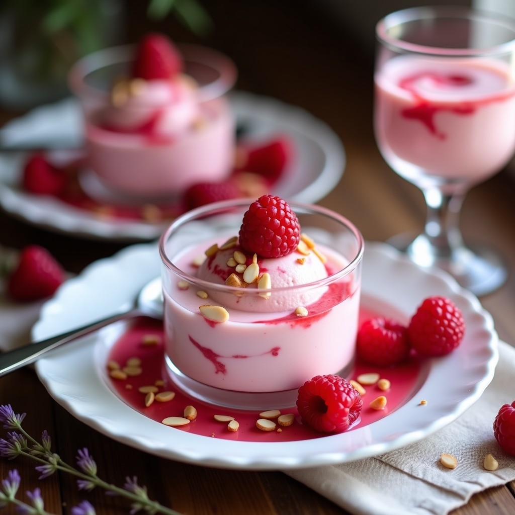 Helado vegano de pimienta rosa y frambuesa sin azúcar, servido en copa de cristal con frambuesas frescas y hojas de menta. Textura cremosa y color rosado intenso con toques dorados de pimienta rosa espolvoreada.