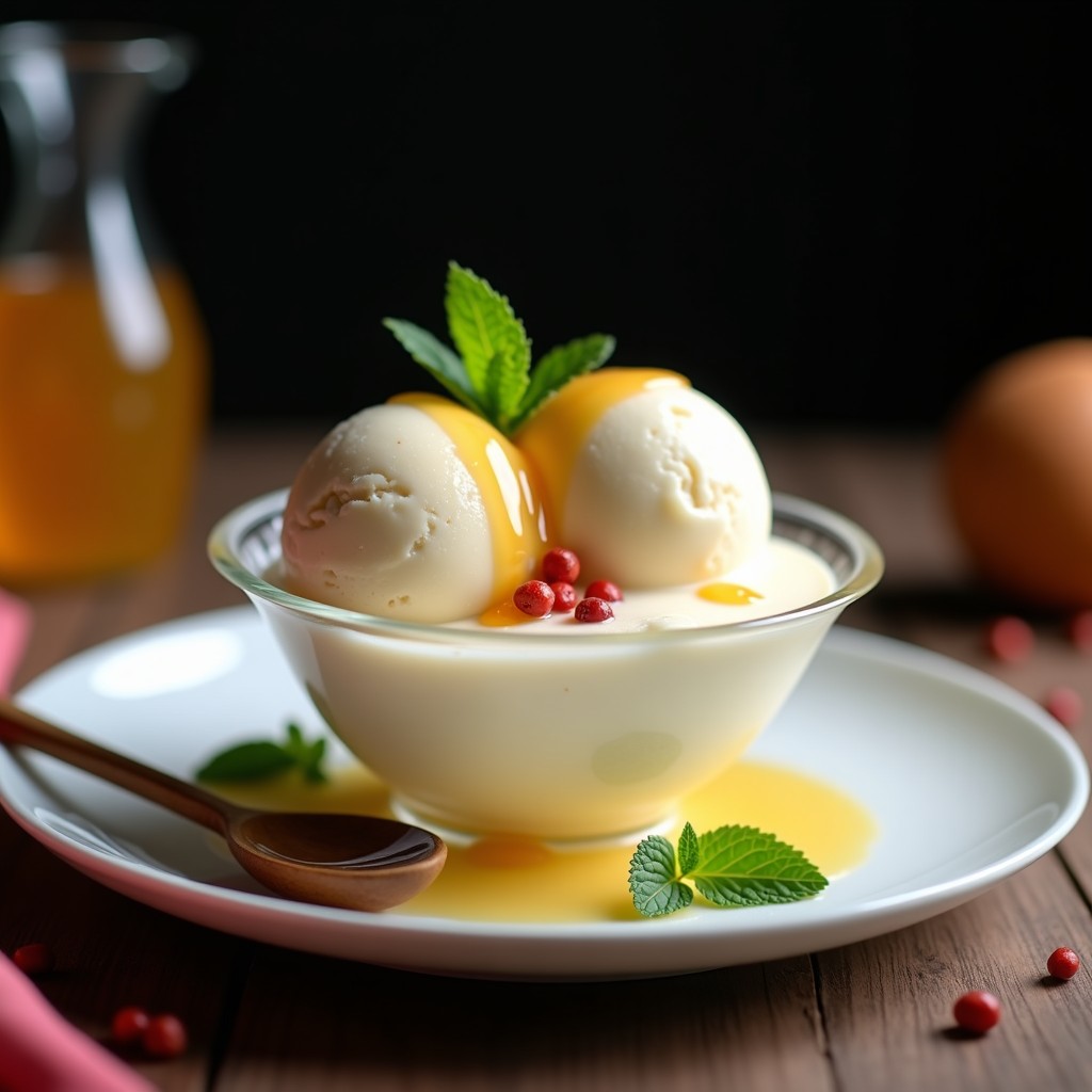 Copas de cristal con helado de pimienta rosa y miel, textura cremosa y color beige claro, decorado con coco rallado tostado y granos de pimienta rosa. Plato gourmet sin lácteos.