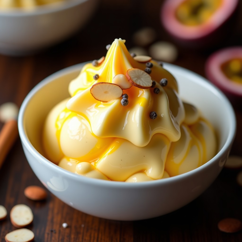Copa de helado vegano de color amarillo vibrante con vetas doradas, decorado con cáscara de limón rallada y una pizca de pimienta de Sichuán en polvo, sobre un fondo de madera oscura con hojas de menta fresca.