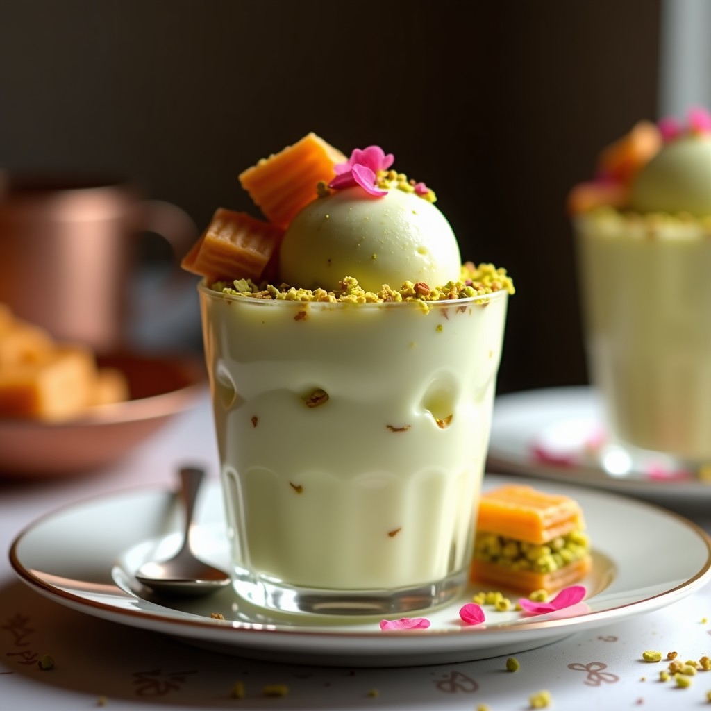 Helado cremoso de pistacho y rosa en un cucurucho de barquillo, coronado con trozos dorados de baklava crujiente y pistachos picados, con un hilo de sirope de agave y pétalos de rosa comestibles. Postre turco vegano sin lácteos.