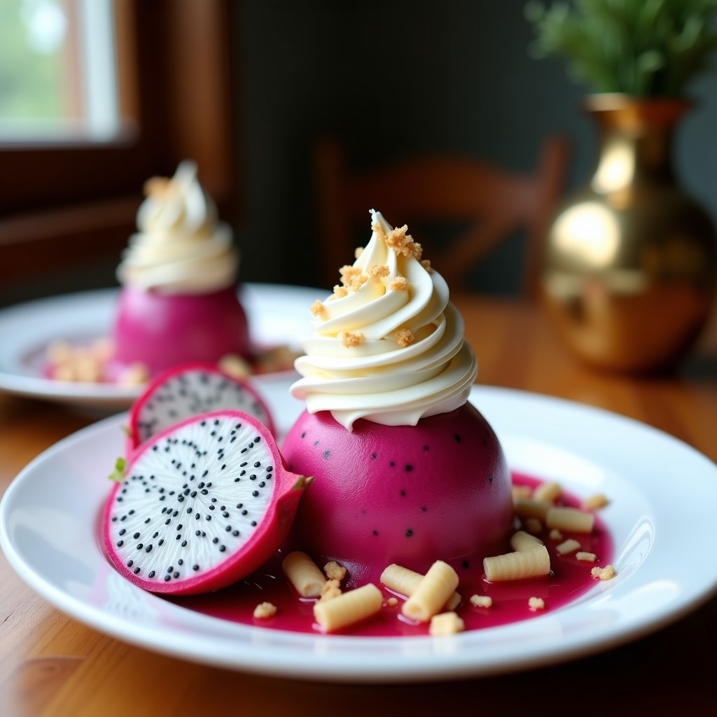 Helado de pitahaya y chía servido en copas de vidrio transparente, con capas rosadas y semillas de chía visibles, coronado con crujiente de coco tostado dorado. Postre mexicano sin lactosa, fresco y vibrante.