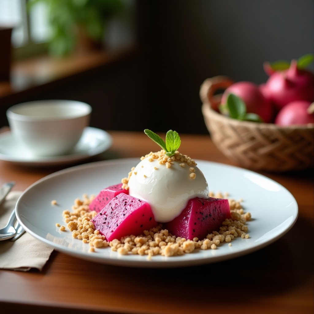 Copa de helado cremoso de color blanco rosado con vetas de pitahaya, coronado con crujiente dorado de amapola y coco rallado. Fondo borroso con hojas tropicales y luz natural.