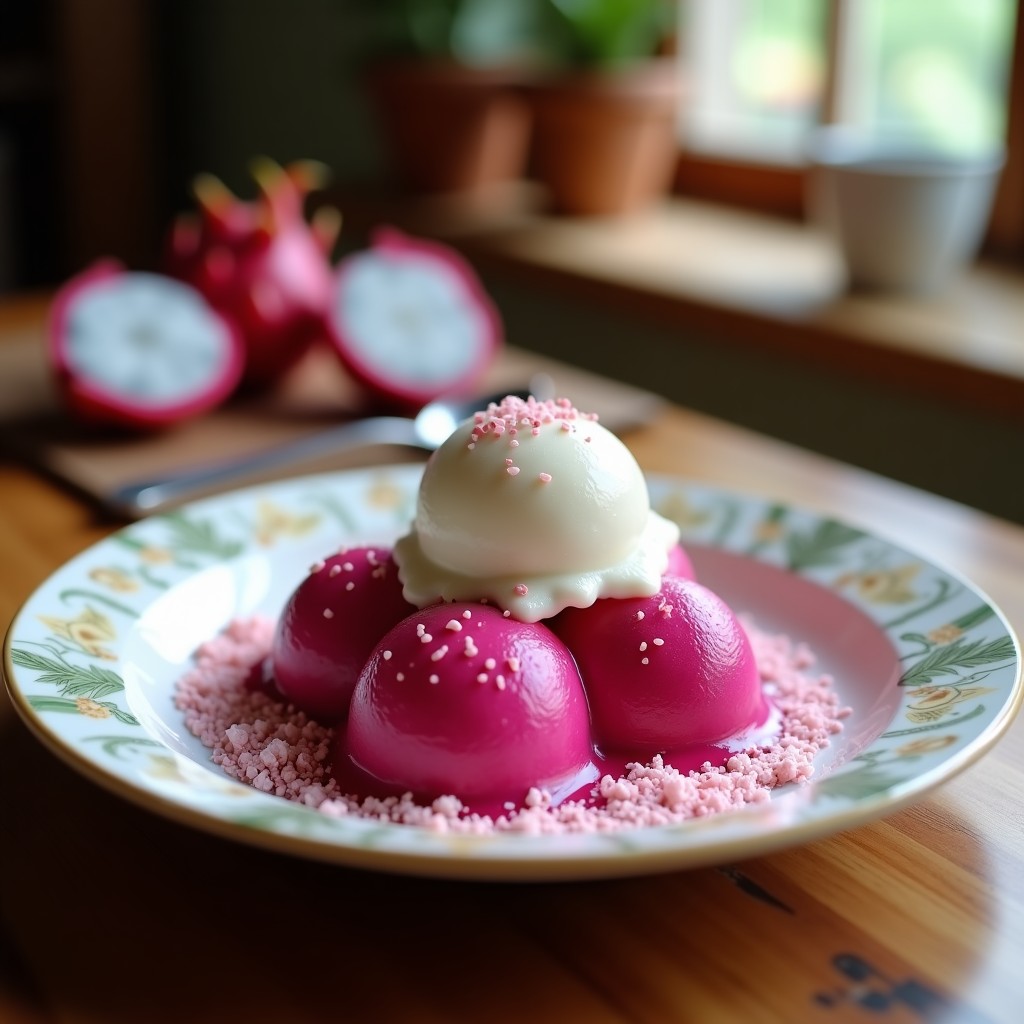 Copa de cristal transparente con helado de pitahaya rosa y coco, de color vibrante rosa pálido con vetas blancas de coco. Decorado con copos de coco tostados y semillas de chía en la superficie. Fondo borroso con hojas tropicales y luz natural suave.