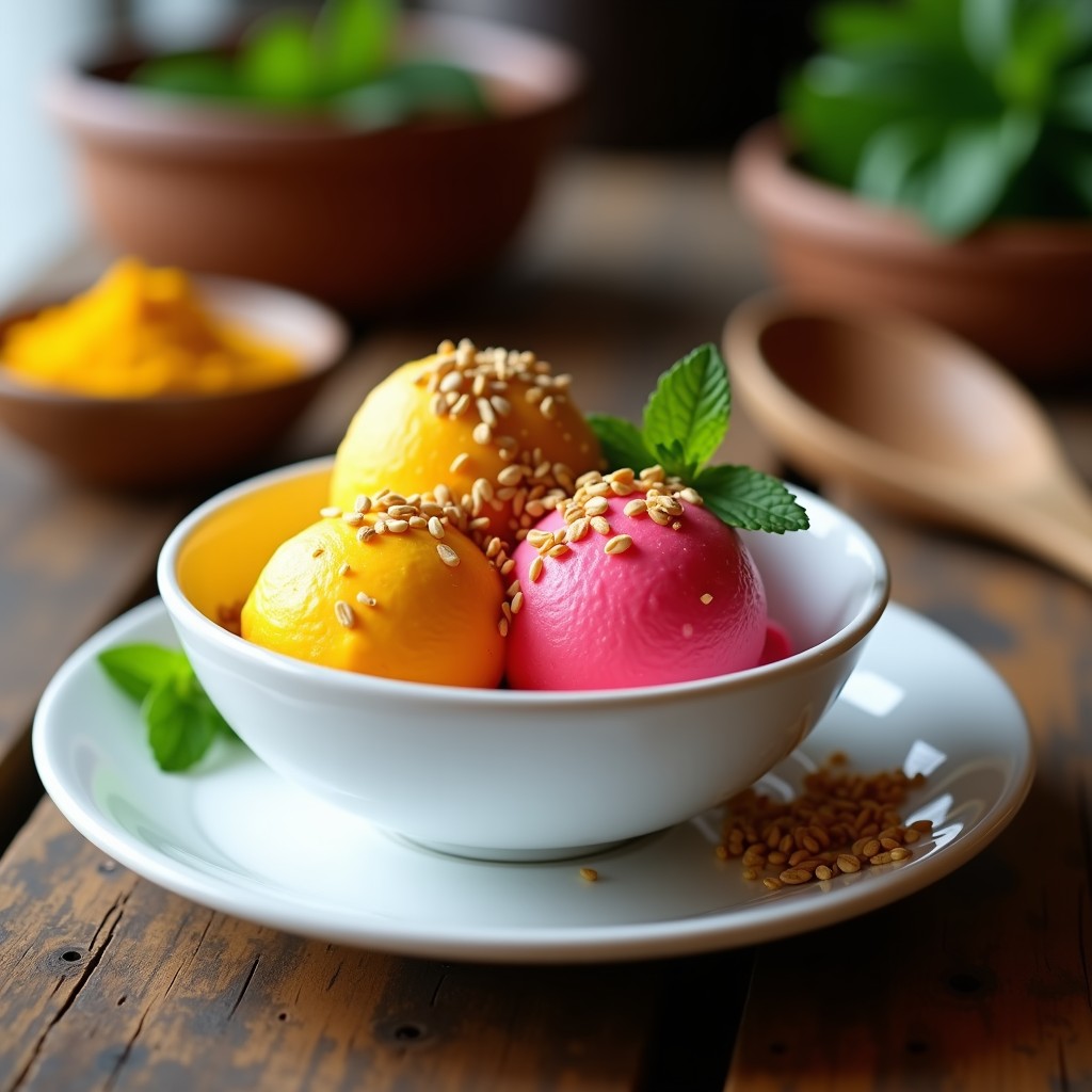 Helado cremoso de pitahaya y cúrcuma en un cuenco blanco con crujiente de semillas tostadas de girasol, calabaza y sésamo espolvoreadas por encima. Fondo rústico con hojas de menta y una cuchara de madera. Postre mexicano sin azúcar, colorido y saludable.