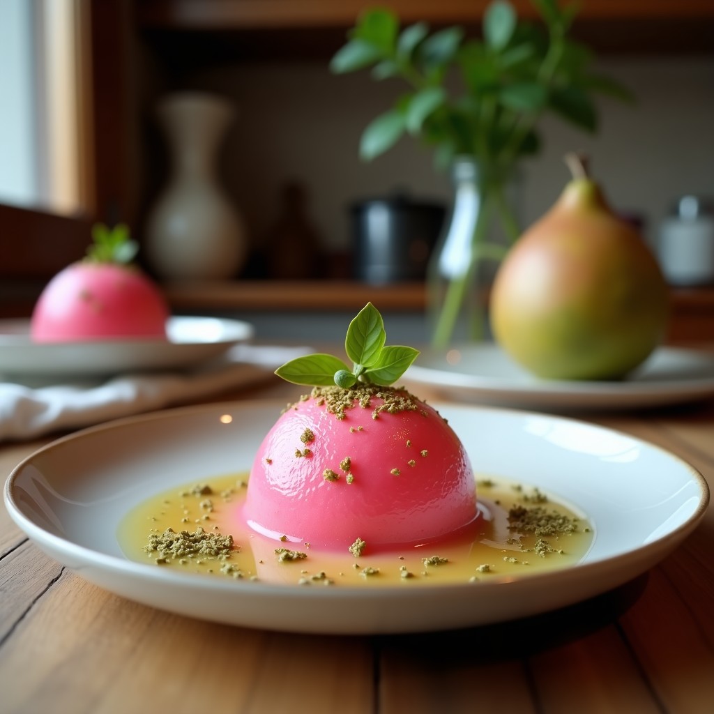 Helado cremoso de color rosa intenso de pitahaya servido en un bol de porcelana blanca, coronado con crujiente de pistacho dorado y pétalos de rosa comestibles, postre irání sin azúcar.
