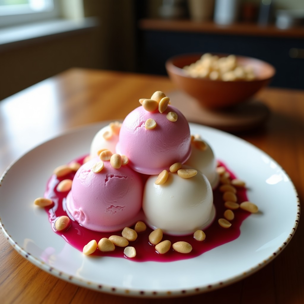 Helado vegano de pitaya y coco con trozos de cacahuete en copa de vidrio, color rosa vibrante, decorado con coco rallado y cacahuetes tostados, fondo blanco.