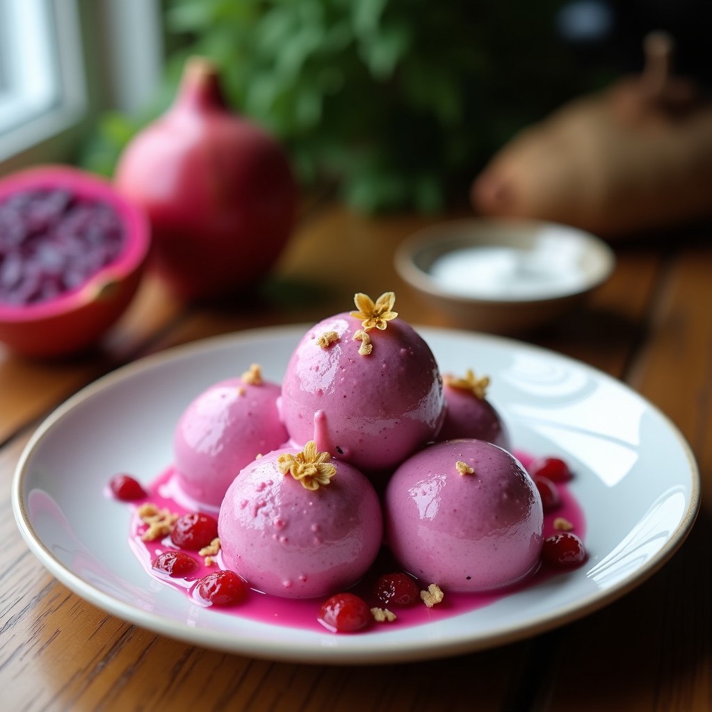 Helado de pitaya y coco con base de whey de guisante en un cuenco de cerámica blanca, decorado con coco rallado y semillas de chía, con un fondo de hojas de menta y luz natural.