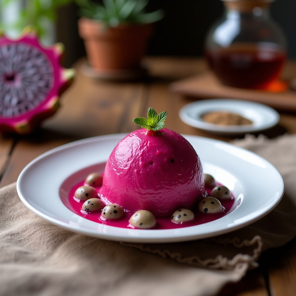 Helado de pitaya y hibisco vegano sin azúcar servido en un cucurucho de barquillo, con un color rosado vibrante y decorado con almendras fileteadas y pétalos de hibisco.