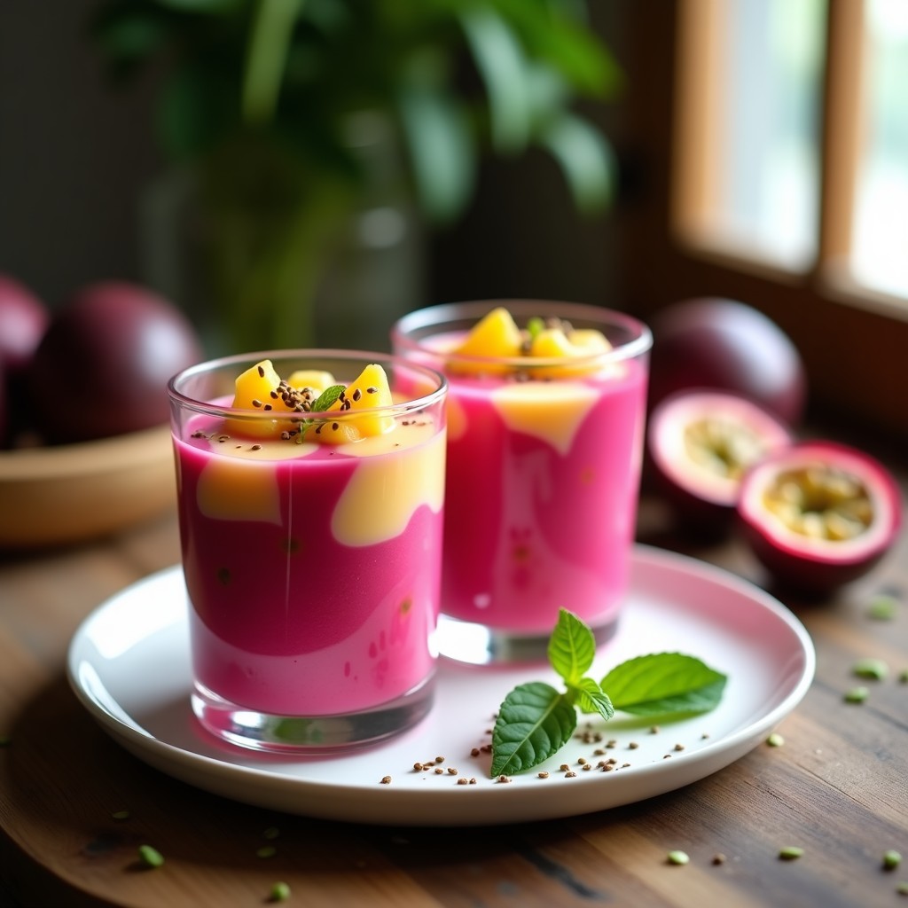 Helado de pitaya y maracuyá vegano sin azúcar servido en moldes de silicona, con capas vibrantes de color rosa y amarillo, decorado con semillas de chía y una rodaja de limón, sobre un plato de cerámica blanca.