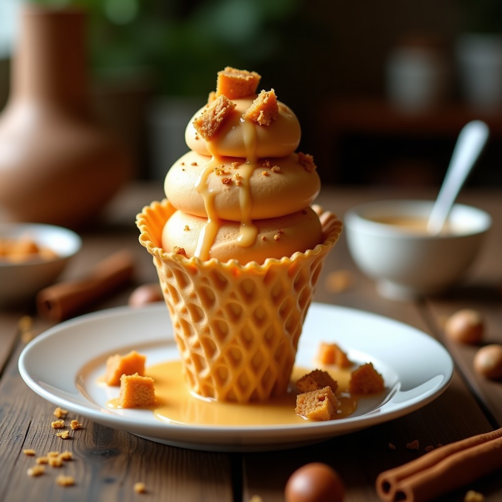 Bola de helado de pitimini con leche de avellanas y trozos de turrón servida en un cucurucho de oblea, decorada con virutas de avellana y una pizca de canela, sobre un fondo rústico valenciano.