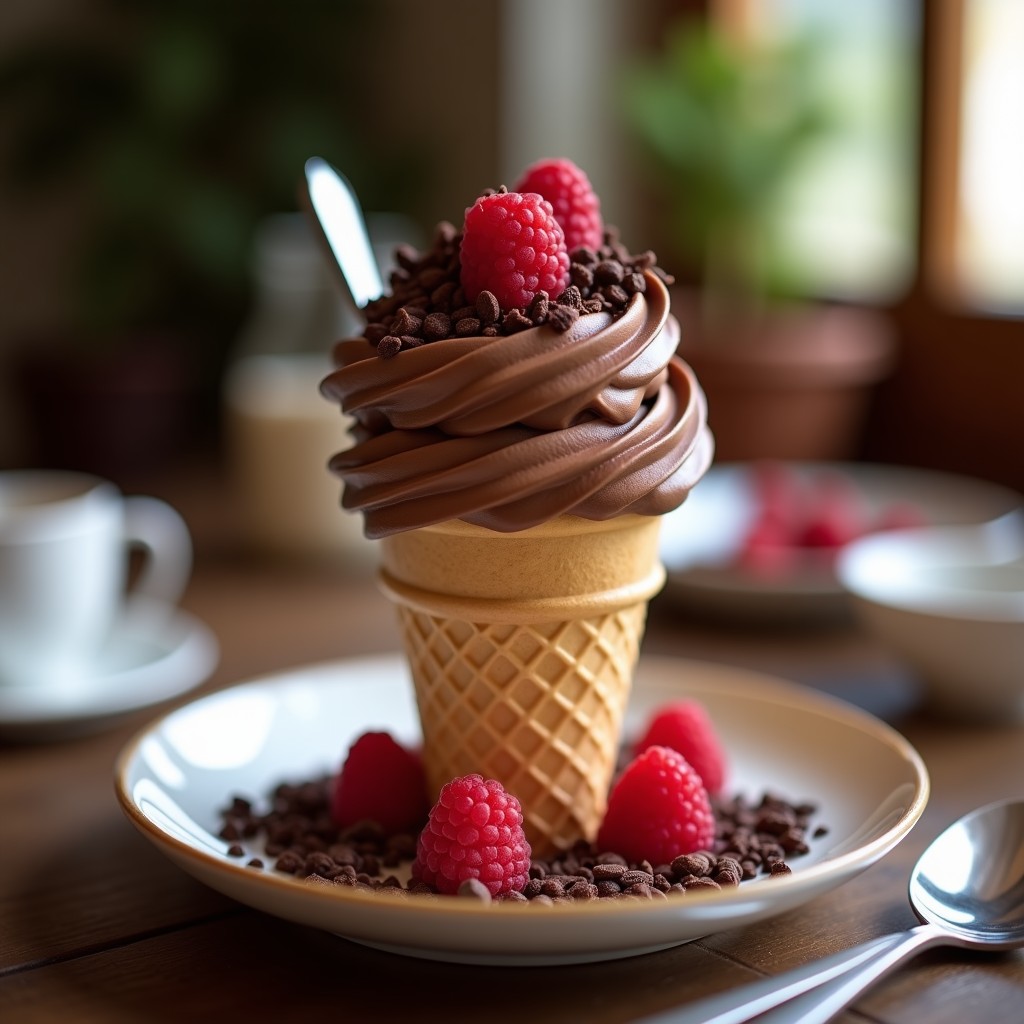 Copa de helado vegano de plátano y cacao con textura cremosa, servido en cucurucho de galleta integral y decorado con virutas de cacao y frutos rojos.