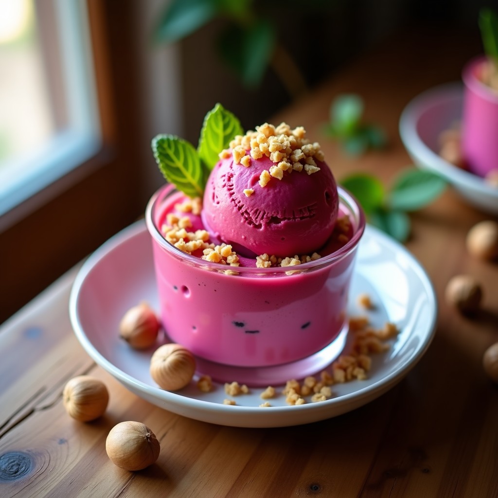 Copa de helado vegano de color rosa intenso con vetas moradas, coronado por crujiente de avellanas doradas y semillas de cardamomo, sobre fondo rústico de madera con hojas de menta.
