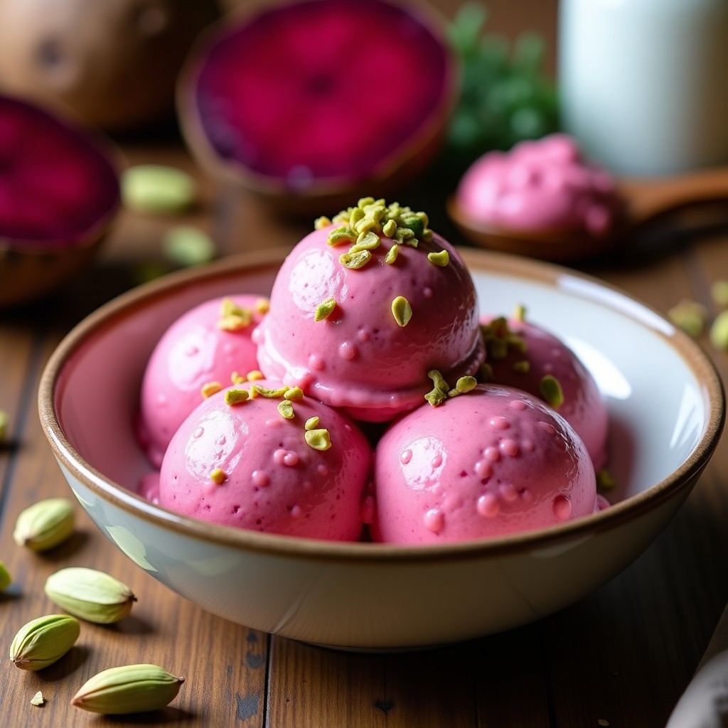 Copa de helado vegano sin azúcar de color rosa intenso, con textura cremosa y vetas de remolacha, coronado con pistachos tostados triturados y enteros. Fondo rústico con ingredientes dispersos: remolacha asada, semillas de cardamomo y leche de coco.