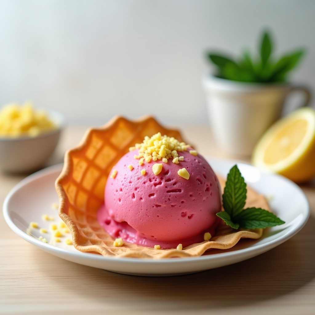 Helado de remolacha y jengibre vegano en cucurucho de barquillo, con color rosa intenso y trocitos de jengibre fresco rallado en la superficie. Fondo de hojas de menta y rodajas de limón para resaltar su frescura detox.