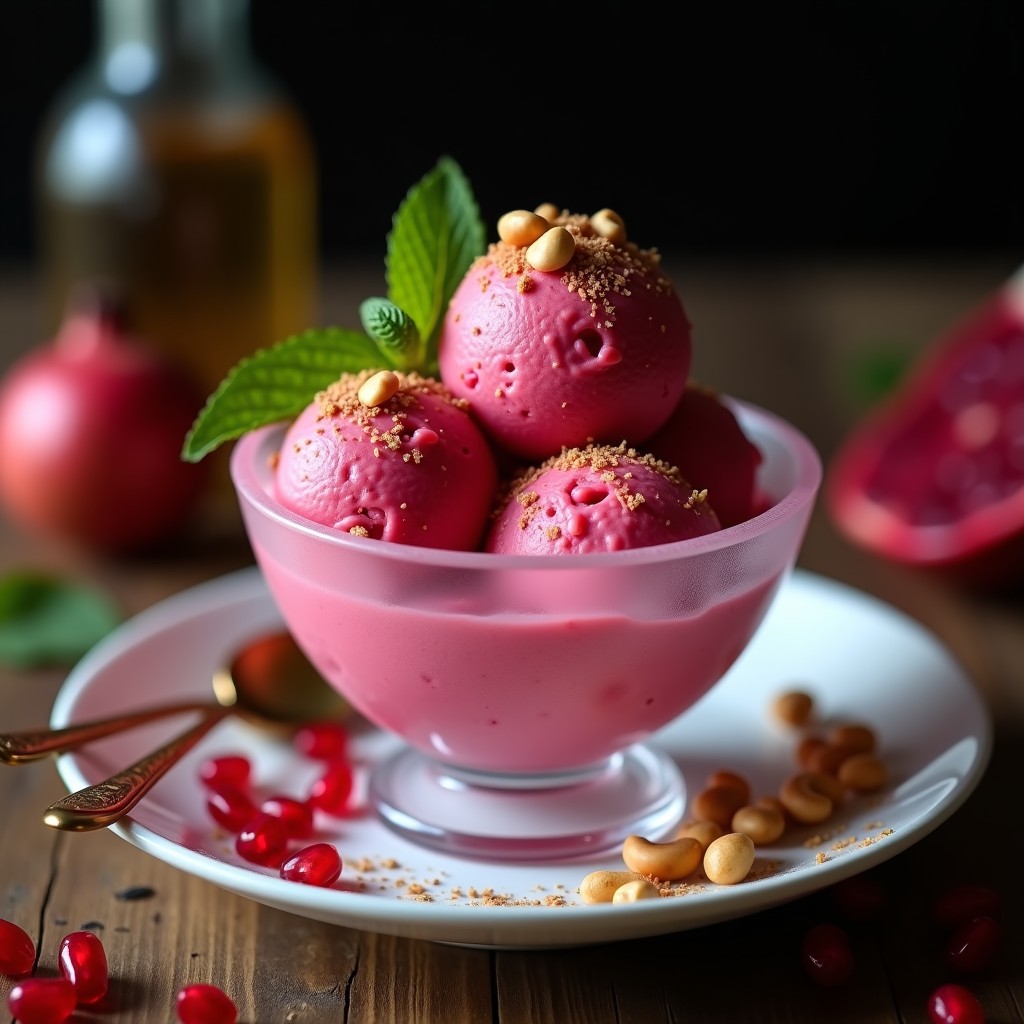 Copa de cristal con helado rosa vibrante de remolacha y jengibre, coronado con semillas de granada rojas y anacardos tostados picados. Fondo oscuro con hojas de menta y una pizca de canela espolvoreada. Postre ayurvédico sin azúcar.