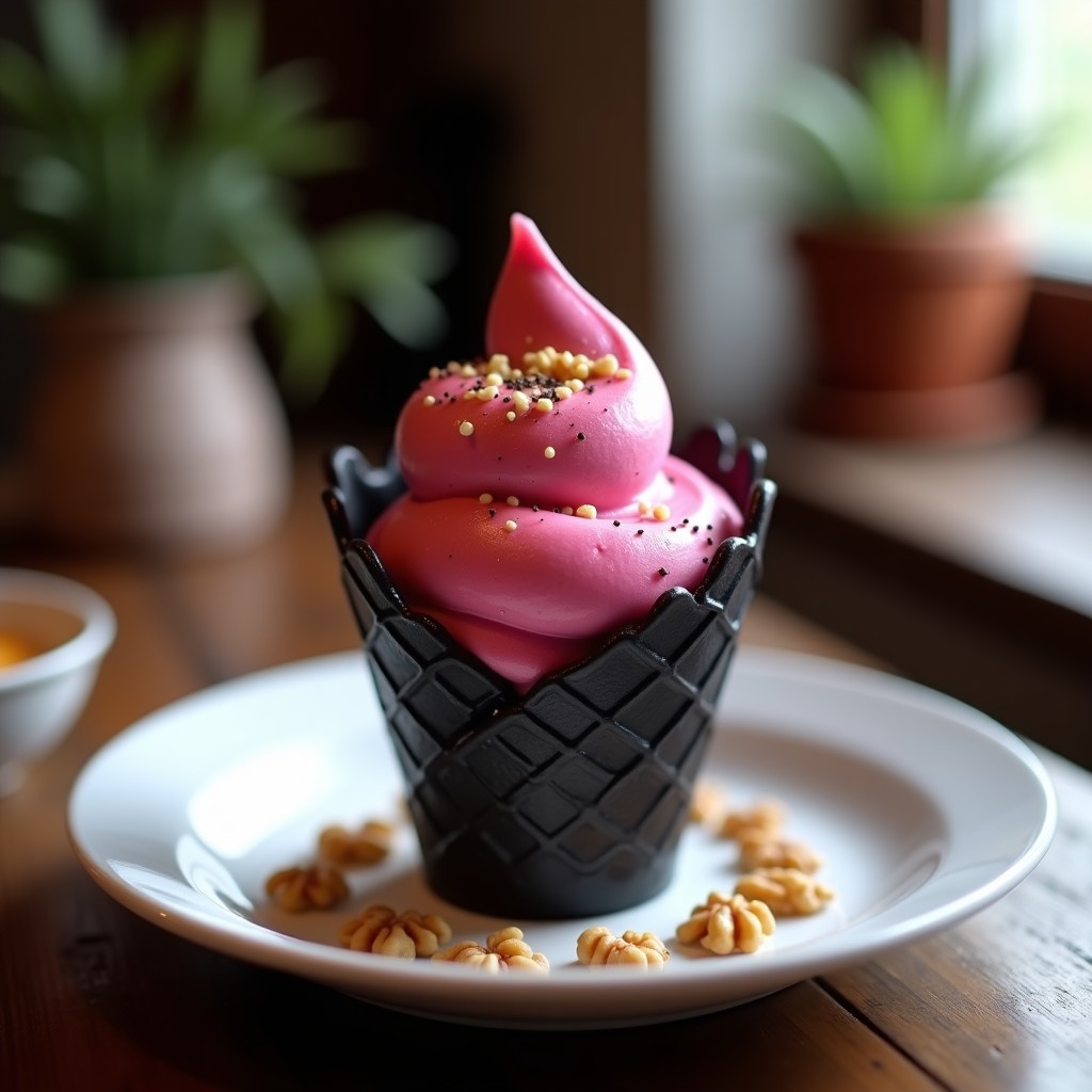 Helado de remolacha y queso de cabra servido en un cucurucho negro, con textura cremosa y decorado con nueces tostadas y pimienta negra, postre salado-dulce sin azúcar.