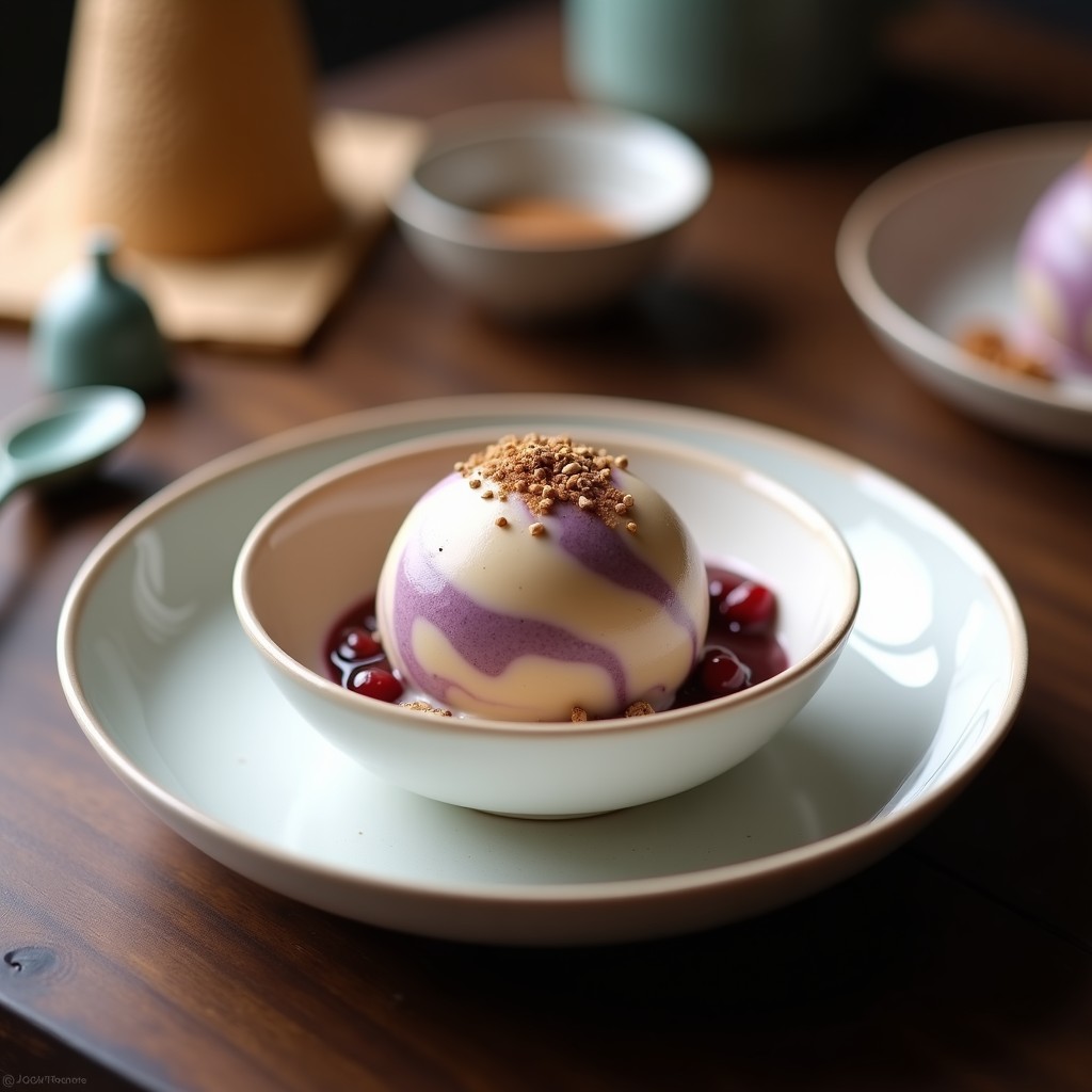Helado de té de barley y higos chumbos servido en un cuenco de cerámica blanca, con vetas moradas y beige, decorado con semillas de chía y una pizca de canela, sobre fondo de madera oscura con elementos coreanos tradicionales.
