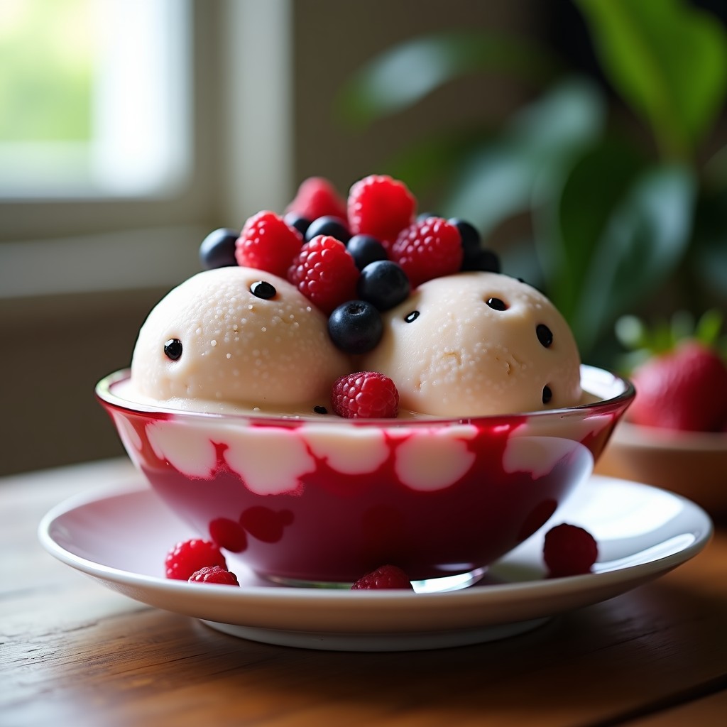 Copa de vidrio transparente con helado cremoso de té de burbujas vegano, perlas de tapioca negras y frutos rojos frescos como decoración. Fondo borroso con tonos pastel y luz natural suave.
