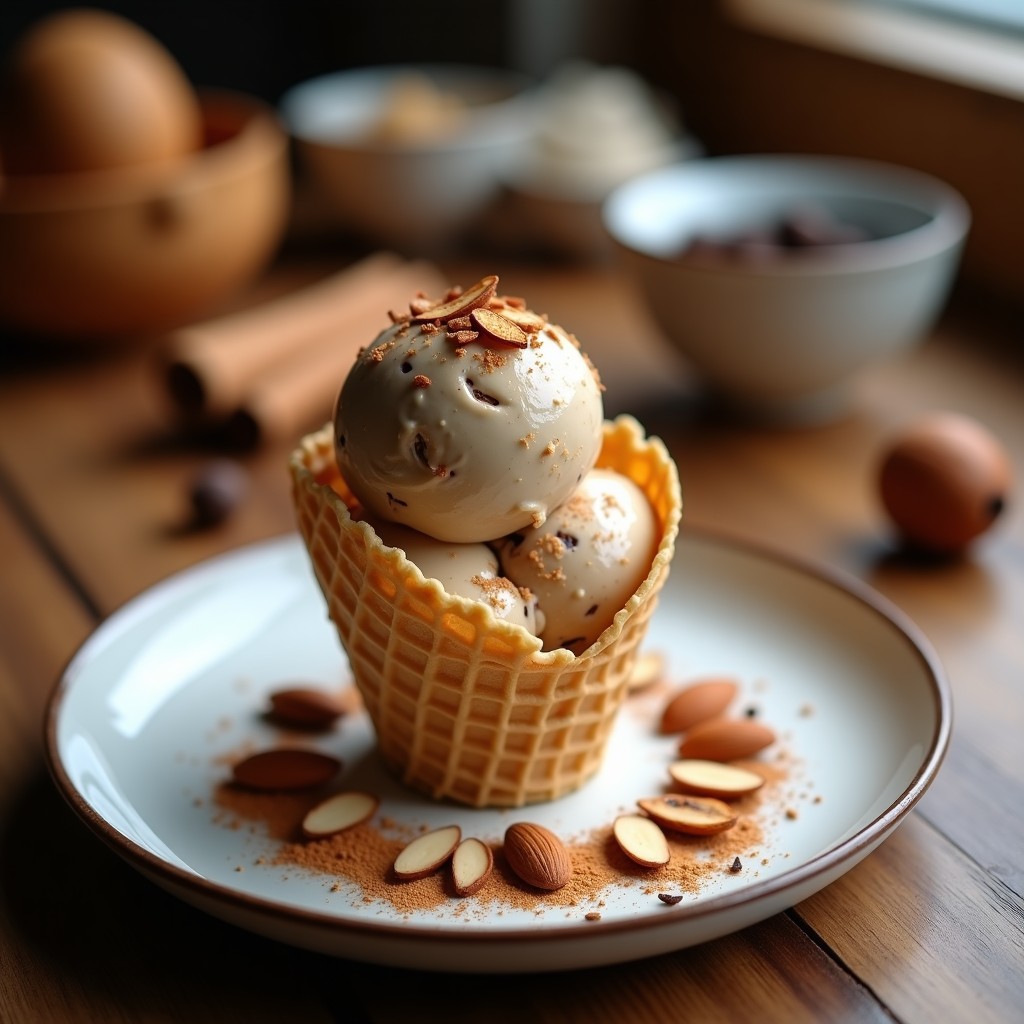 Helado cremoso de té chai vegano en Thermomix, servido en un bol de cerámica blanca con almendras fileteadas tostadas y un toque de cardamomo en polvo espolvoreado. Fondo con especias indias y hojas de té.