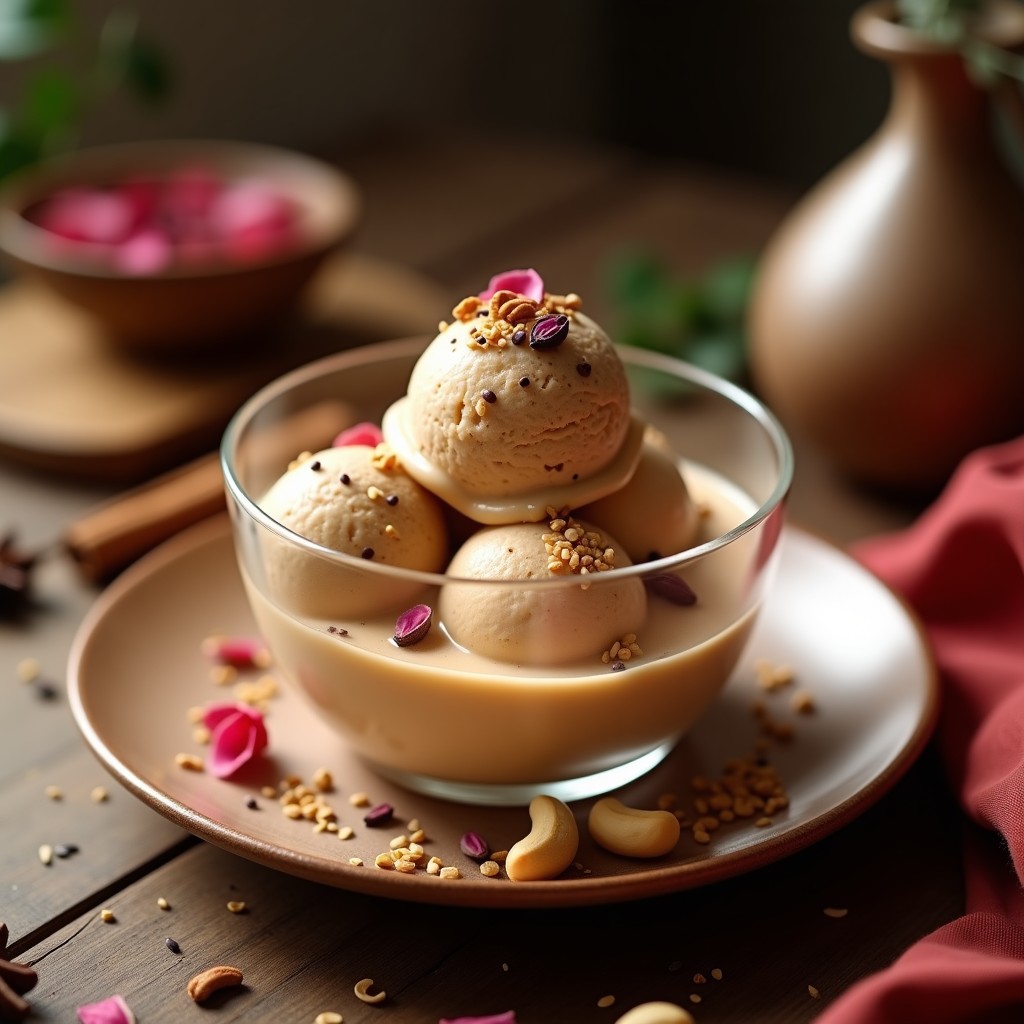 Helado de té chai y anacardos pakistaní servido en copas de cristal con anacardos tostados y pistachos picados por encima, fondo rústico con especias de cardamomo y canela.