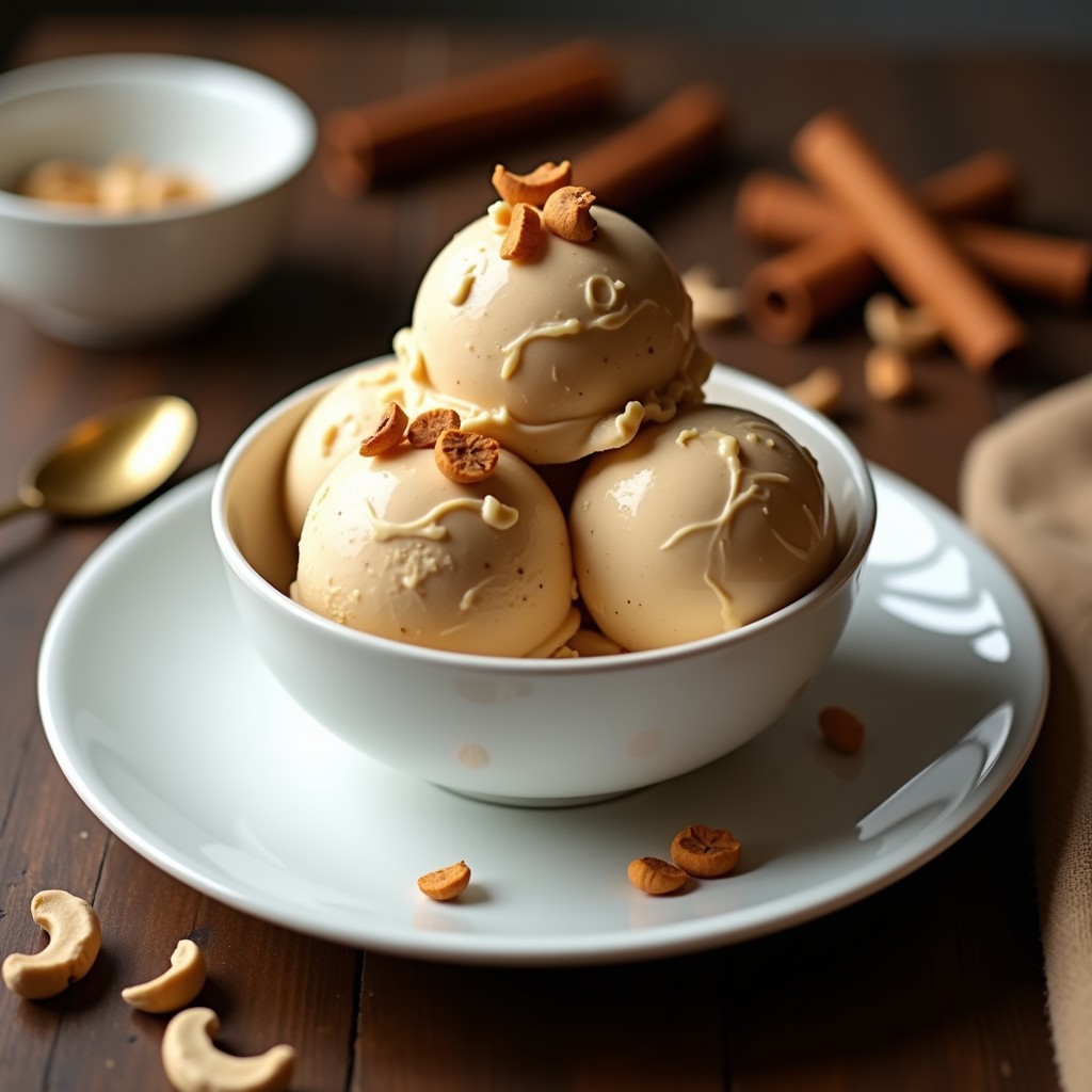 Helado de té chai y anacardos vegano servido en un cuenco de cerámica blanca, con anacardos tostados picados por encima y un fondo de especias como cardamomo y canela esparcidas. Textura cremosa y color beige claro con vetas doradas.