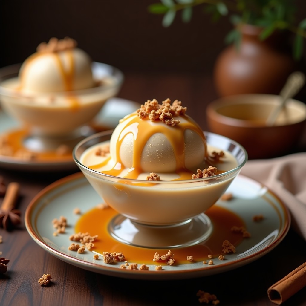 Helado cremoso de té chai en copas transparentes, con vetas de caramelo salado dorado y trozos crujientes de almendras tostadas, decorado con una pizca de canela en polvo.