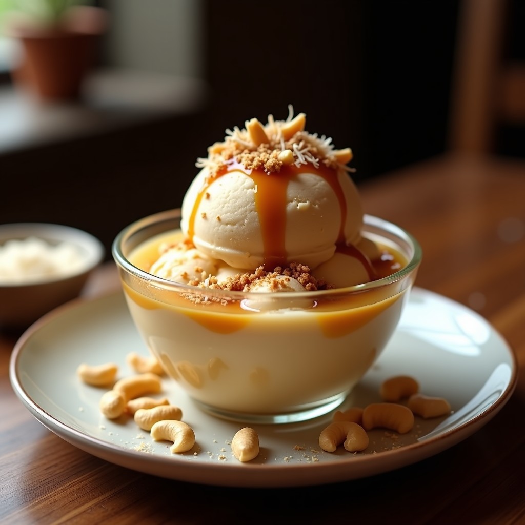 Helado cremoso de té chai con vetas de caramelo salado dark, decorado con almendras tostadas y ralladura de nuez moscada fresca, servido en copas de vidrio transparente sobre fondo rústico.