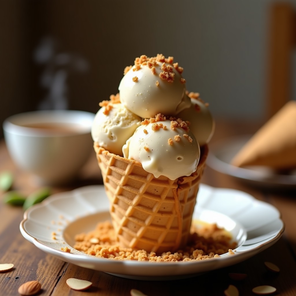 Copa de vidrio transparente con helado de té chai y cardamomo de color crema, coronado con crujiente de almendra dorada. Fondo con especias indias dispersas y una cuchara de metal. Postre indio keto sin azúcar.