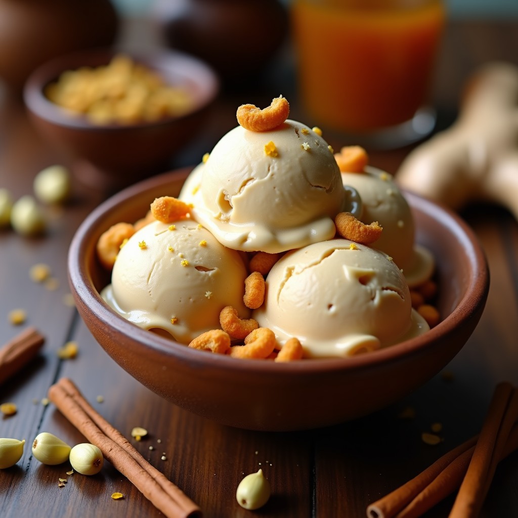 Helado cremoso de color beige claro con vetas doradas de panela, servido en un cuenco de barro con trozos de panela y anacardos tostados por encima. Fondo con especias enteras de cardamomo, canela y jengibre.