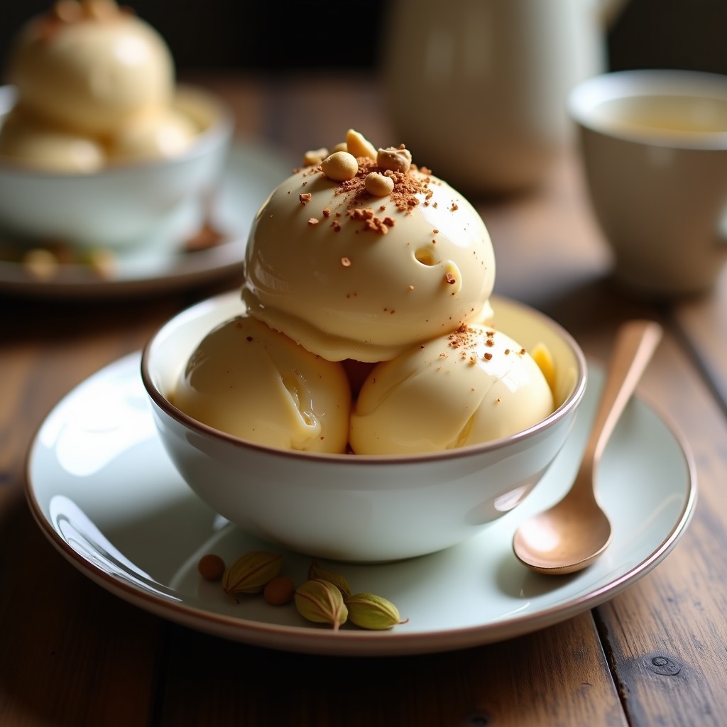 Copa de cristal transparente con helado cremoso de té chai y cardamomo, base de plátano, decorado con anacardos tostados picados y una pizca de canela en polvo. Fondo borroso con especias y hojas de menta.