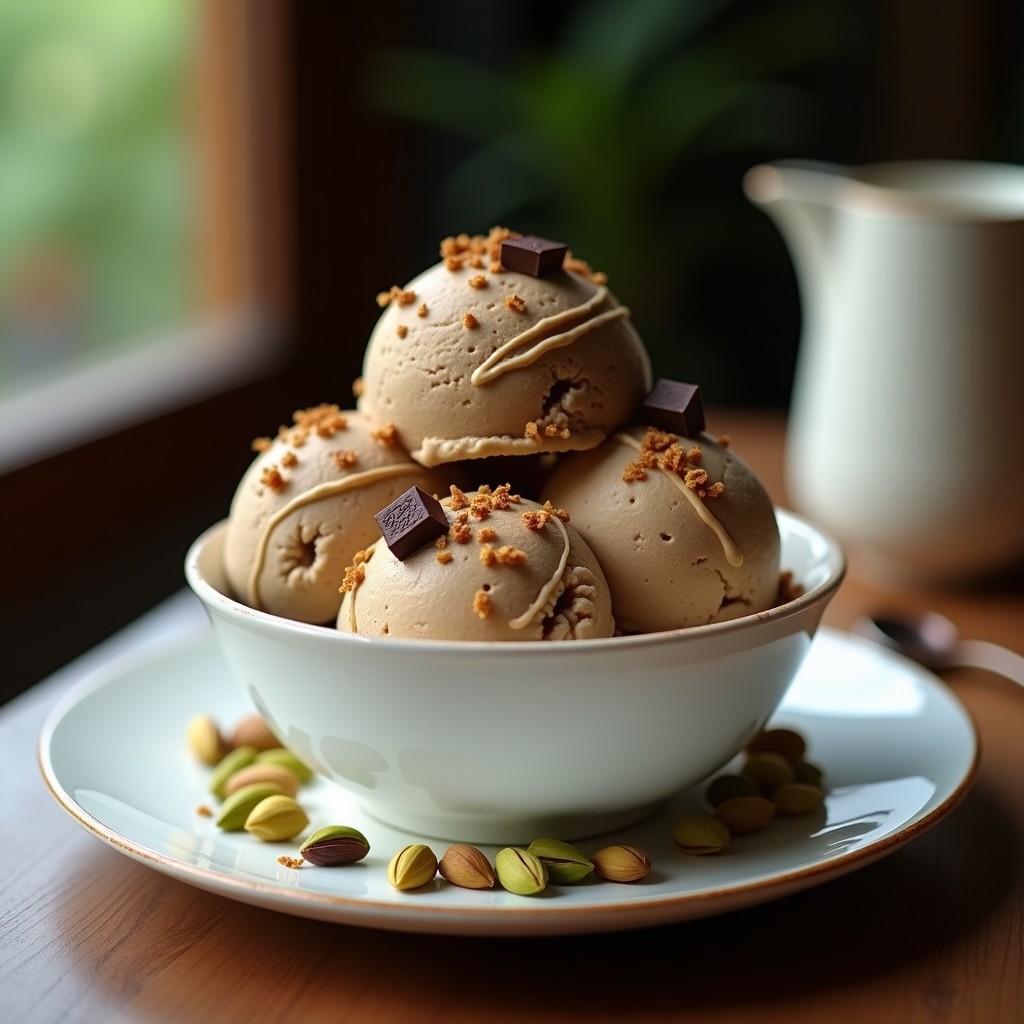 Copa de cristal transparente con helado de té chai color crema, trozos de chocolate 100% negro y crujiente de pistacho verde tostado espolvoreado por encima. Fondo borroso con especias de chai y hojas de menta fresca. Postre vénico sin azúcar, cremoso y gourmet.