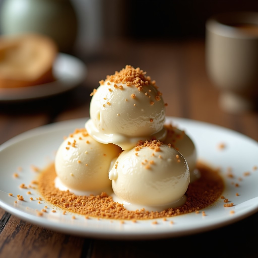 Copas de vidrio transparente con helado de té chai y leche de coco, de color crema suave con especias visibles, decorado con una pizca de canela molida y virutas de coco tostado sobre fondo rustico de madera.
