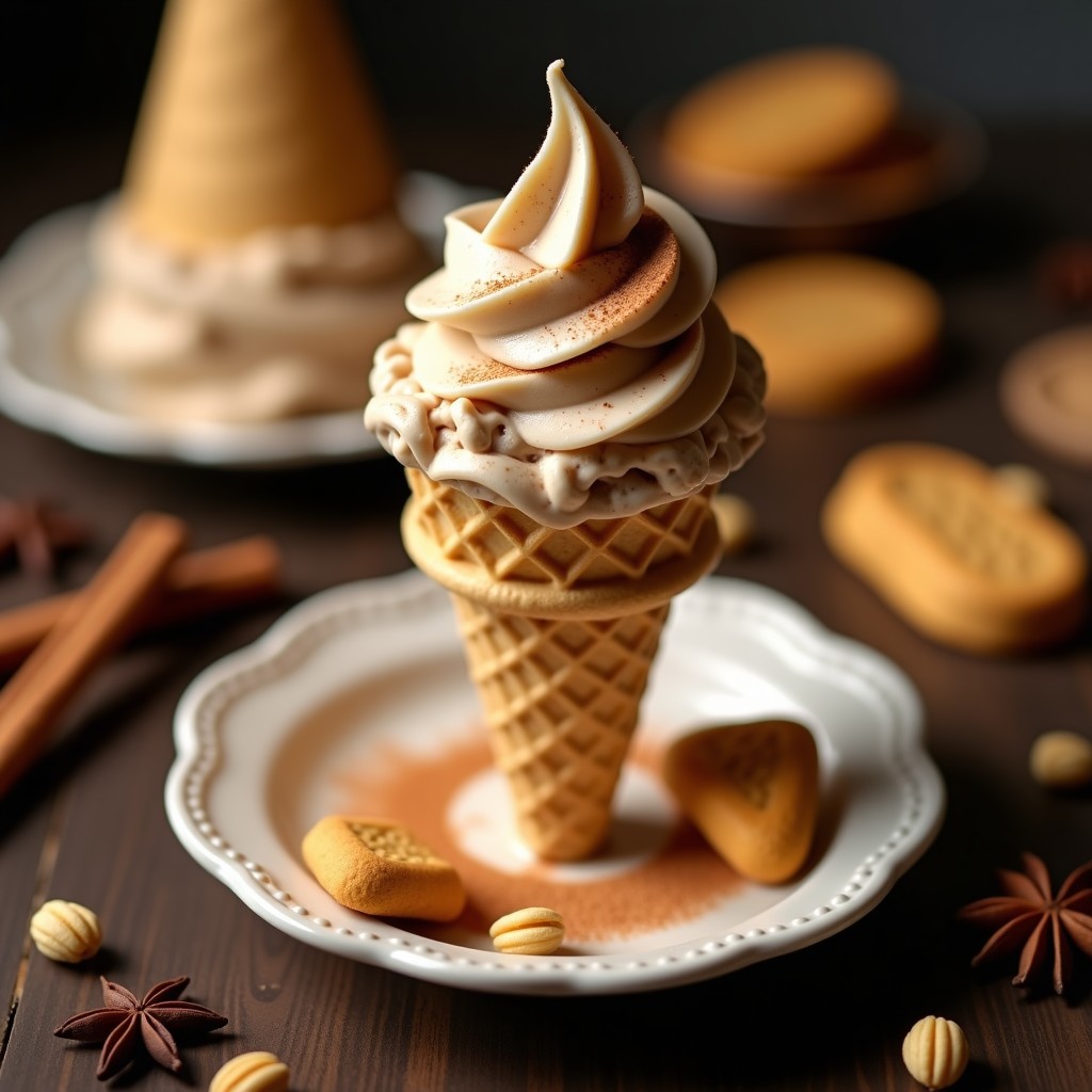 Cucurucho de helado artesanal de té chai con vetas cremosas, trocitos dorados de galleta speculoos y un toque de canela espolvoreada, sobre fondo rústico de madera con hojas de especias al lado.