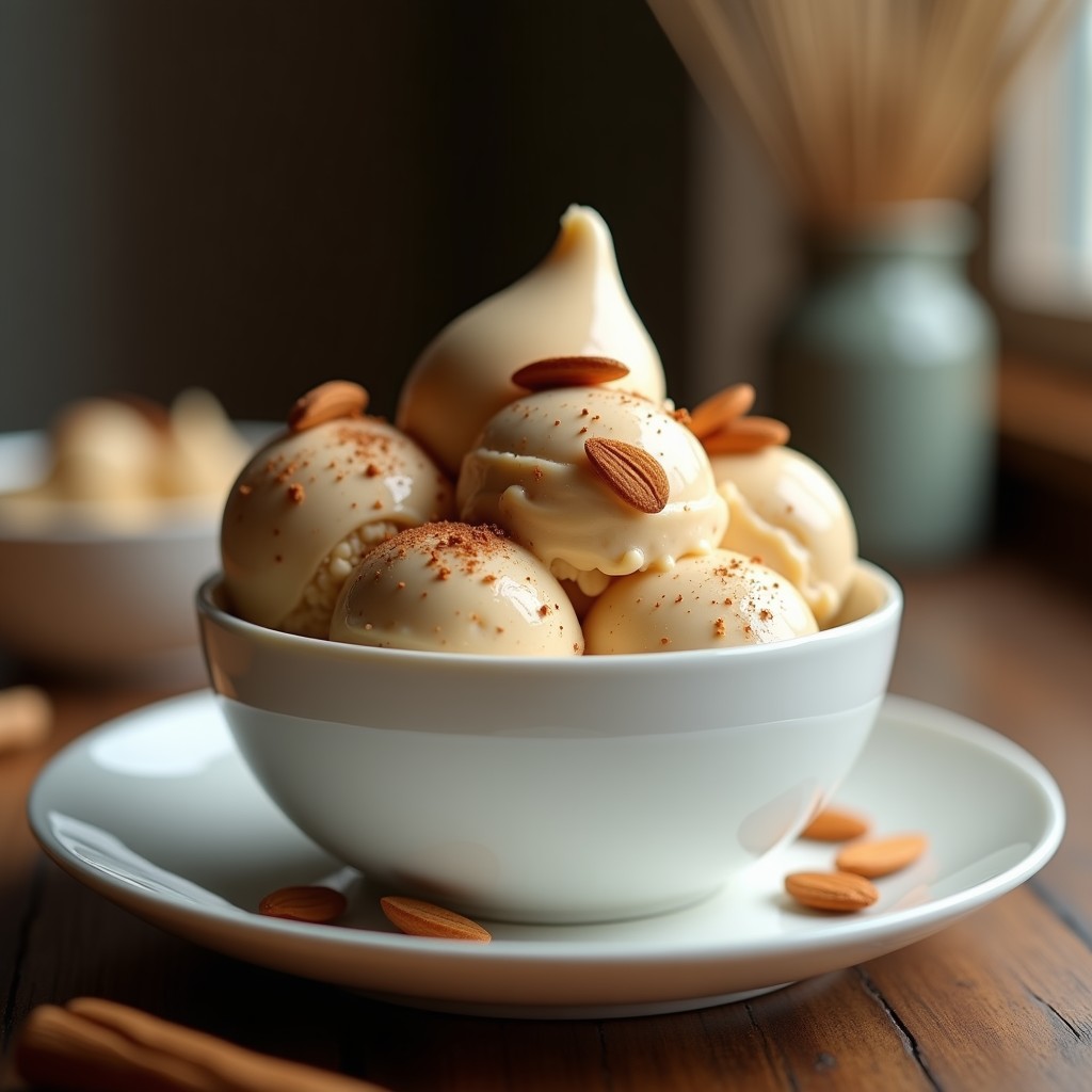 Bol de helado de té chai y leche de almendras con textura cremosa, espolvoreado con almendras fileteadas y un toque de canela, servido en un cuenco blanco con fondo de madera rústica.