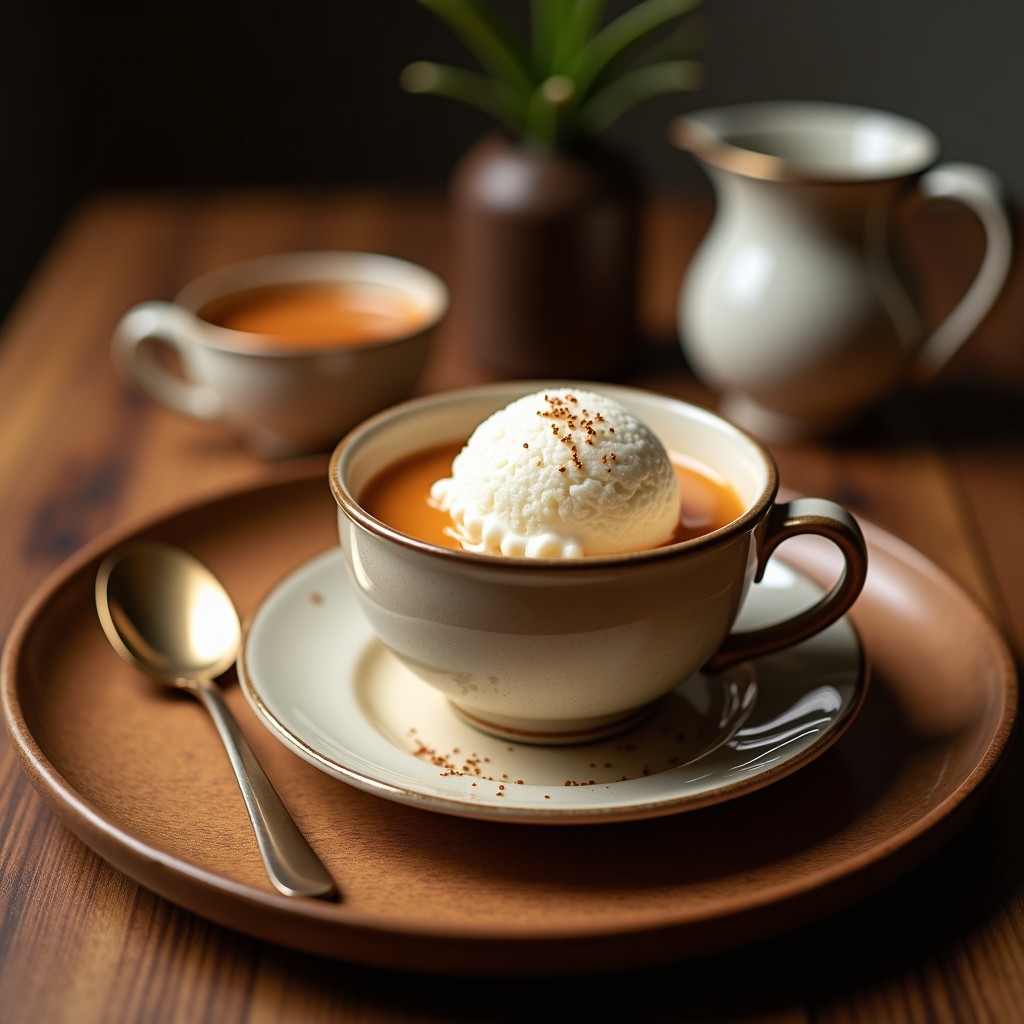 Copas de helado cremoso de color beige claro con vetas doradas, servido en cucuruchos de barquillo, decorado con virutas de coco tostado y una pizca de canela. Postre indio sin lactosa de té chai y leche de coco.