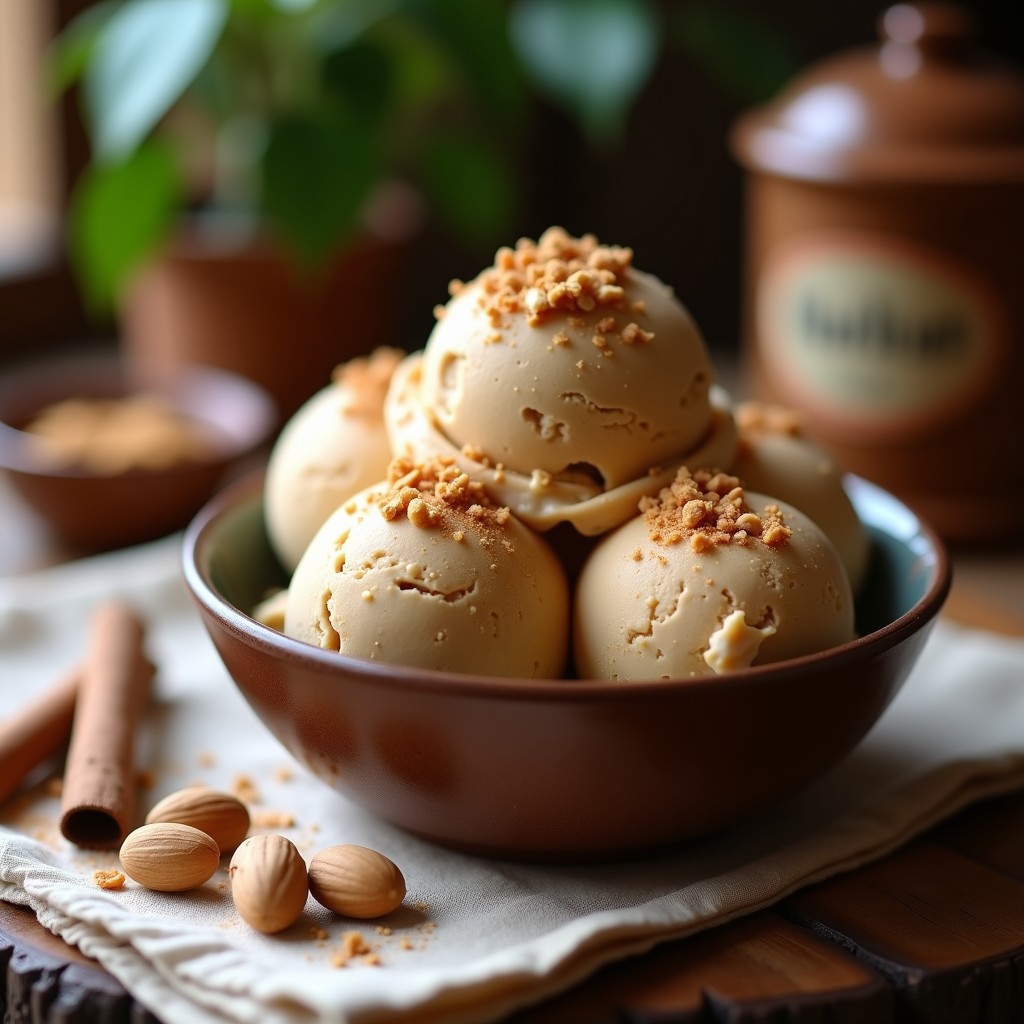Helado cremoso de té chai con vetas de mantequilla de cacahuete, decorado con cacahuetes picados y una pizca de canela en polvo, servido en un cuenco de barro sobre fondo rústico.