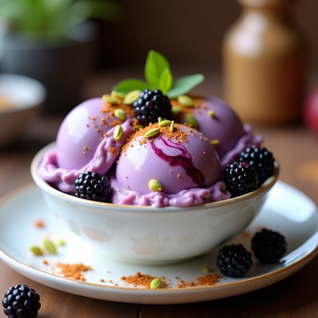 Helado de Té Chai y Zarzamora con Crujiente de Pistacho: Postre Vegano y Antiinflamatorio