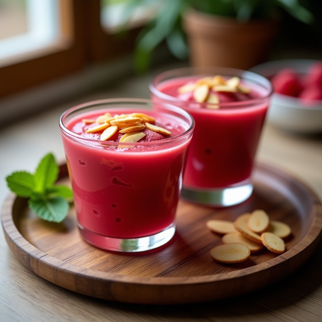 Copas de cristal transparente con helado de té de hibisco y jengibre, color rojo intenso, coronado con crujiente de almendras doradas y tostadas, servido sobre una bandeja de madera rústica con hojas de menta fresca y rodajas de jengibre como decoración. Postre vegano y detox.