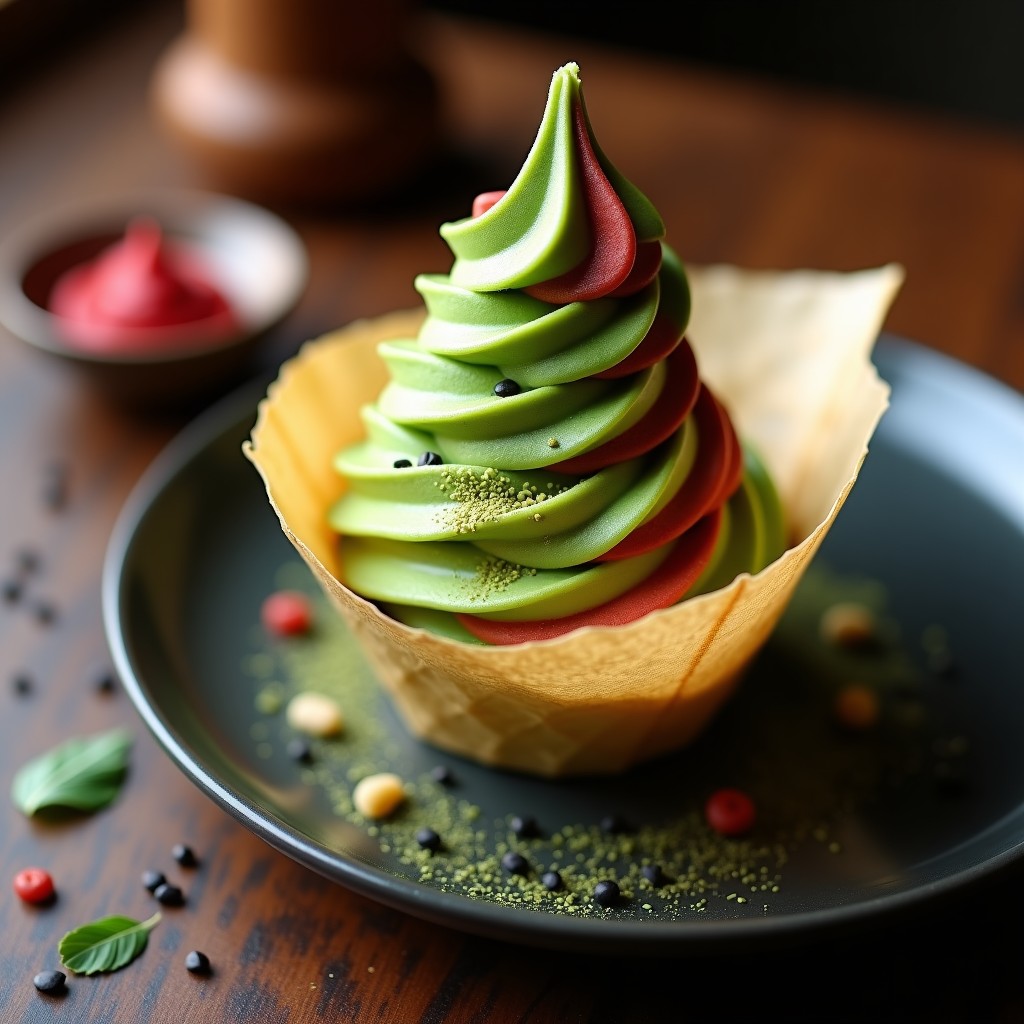 Helado de té matcha y red bean paste servido en cucurucho de arroz tostado, con vetas rojizas de anko y espolvoreado de matcha en polvo, sobre fondo de madera oscura con semillas de sésamo negro.