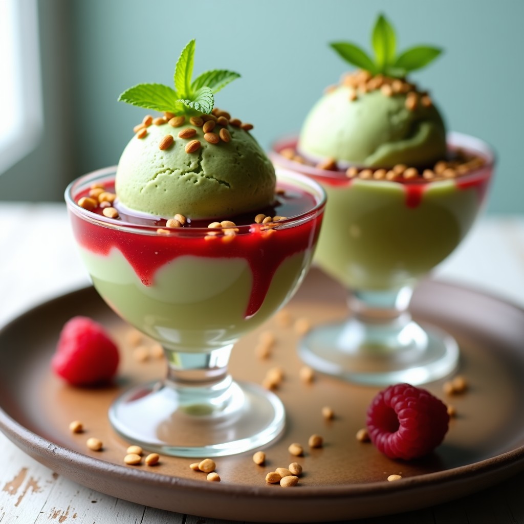 Copas de cristal transparente con helado cremoso de color verde pálido, coronado por una salsa roja vibrante de frambuesa y semillas de chá doradas. Postre vegano sin azúcar con textura sedosa y decoración elegante.