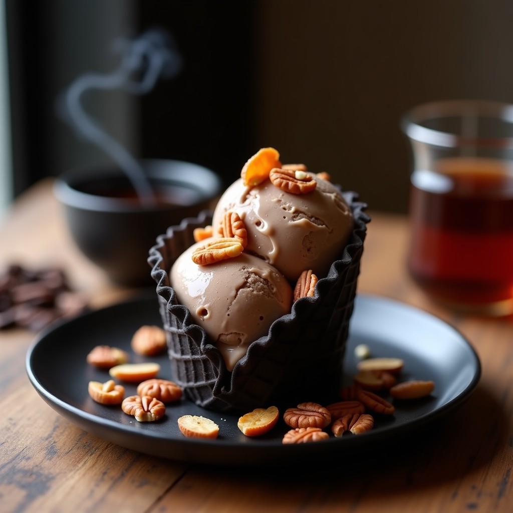 Cucurucho de barquillo negro relleno de helado cremoso de té negro con vetas oscuras, coronado con almendras fileteadas y nueces pecanas tostadas. Fondo borroso con hojas de té y una taza de té negro ahumado Lapsang Souchong.
