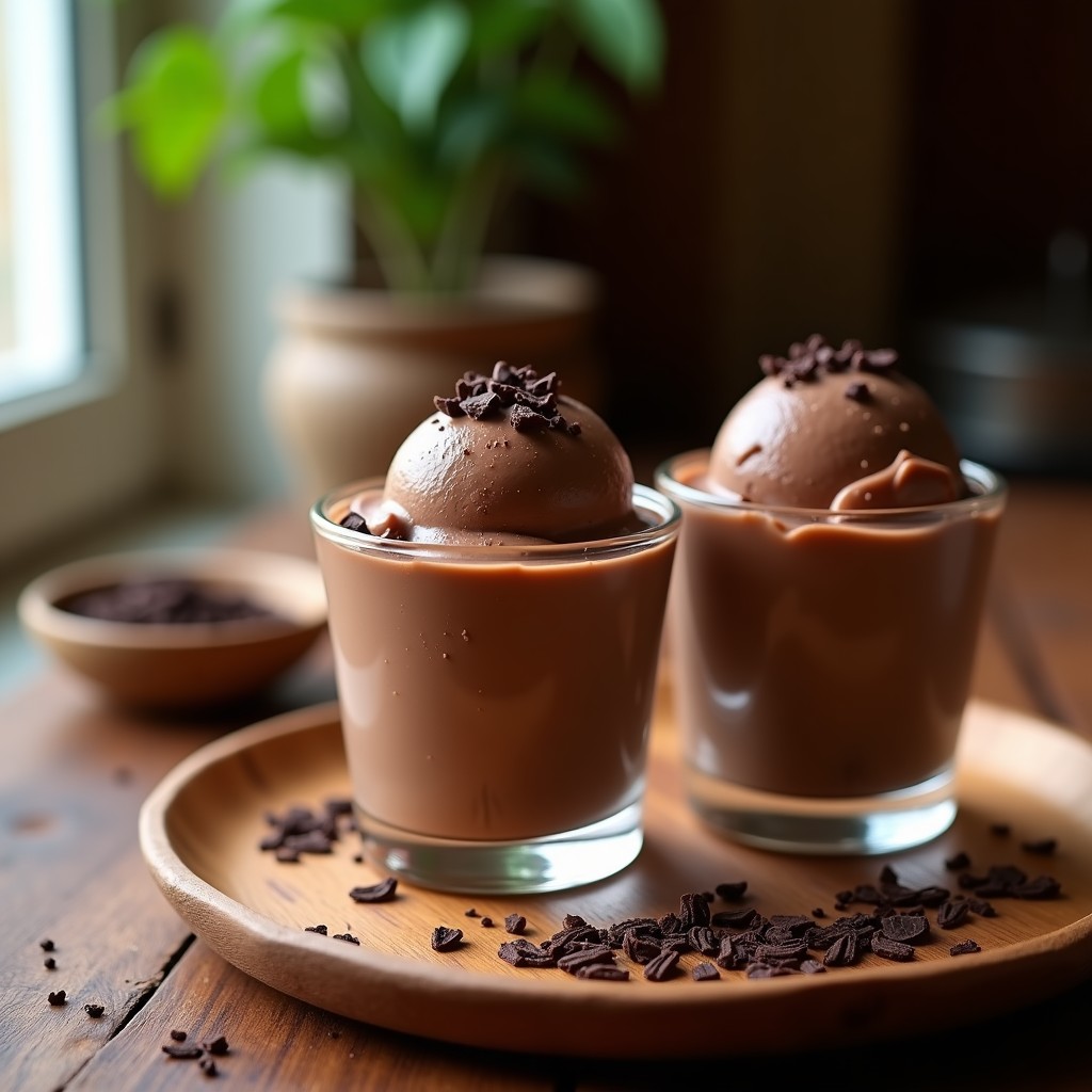 Helado cremoso de color marrón oscuro con virutas gruesas de chocolate negro 90% en un cuenco de cerámica blanca, decorado con hojas de té pu-erh y un fondo rústico de madera. Postre keto antioxidante.