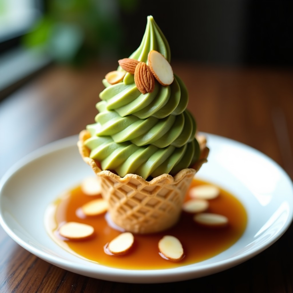Copa de cristal transparente con helado de té verde cremoso, coronado con almendras fileteadas doradas y un hilo de sirope de arce dorado. Fondo desenfocado con hojas de té verde y más almendras esparcidas sobre una mesa de madera rústica.
