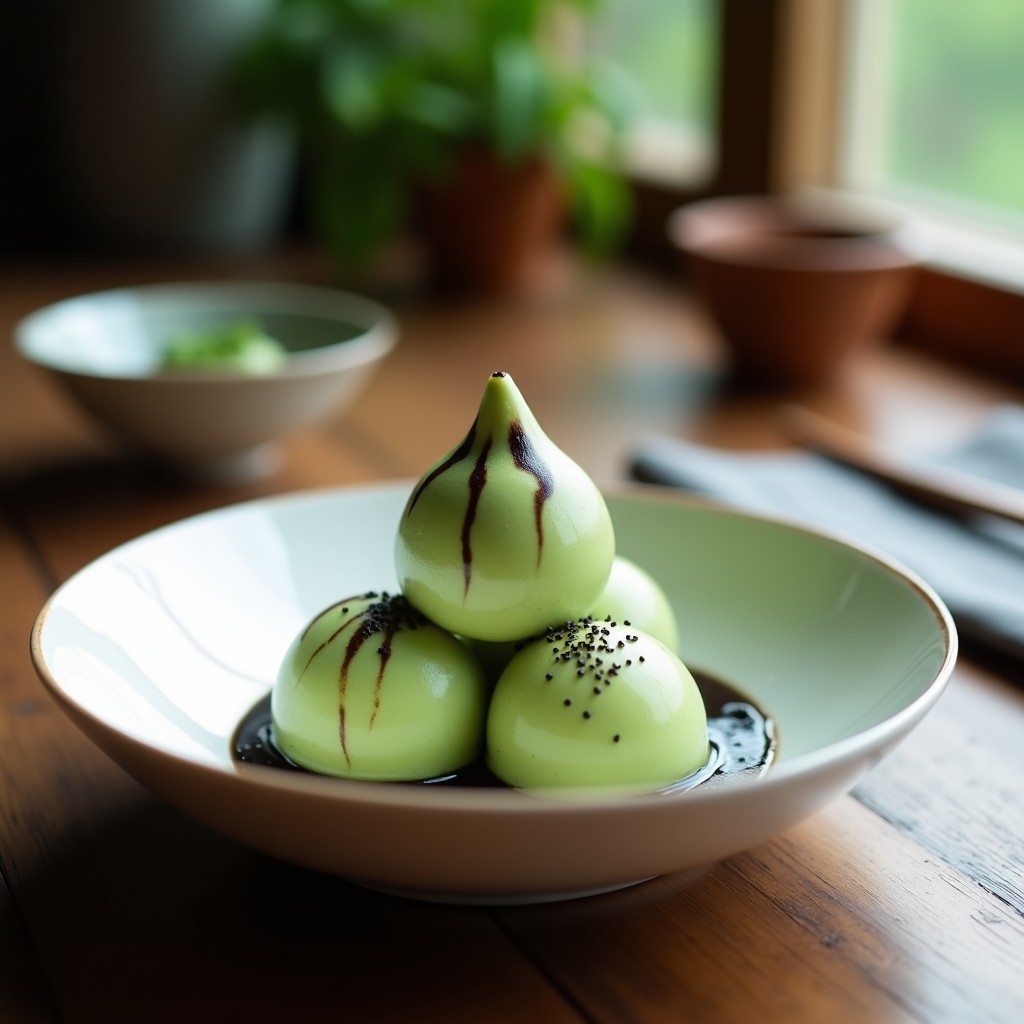 Copa de helado cremoso de color verde pálido con vetas oscuras de black sesame, decorado con semillas de sésamo negro tostadas. Postre japonés vegano sin lácteos sobre fondo rústico de madera.