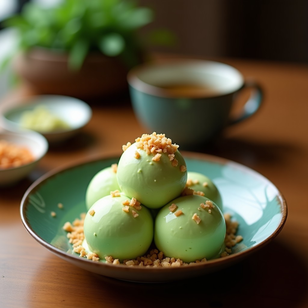 Copas de cristal transparente con helado de té verde cremoso, decorado con virutas de coco blancas y semillas de chía negras, sobre una mesa de madera rústica con hojas de menta fresca y una cucharita de plata.